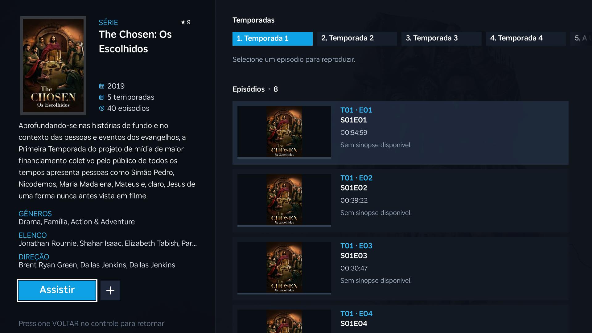 Tela de detalhes de séries do AmplaTV
